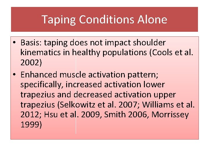 Taping Conditions Alone • Basis: taping does not impact shoulder kinematics in healthy populations