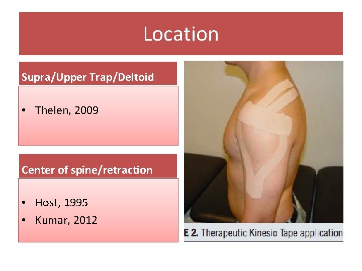 Location Supra/Upper Trap/Deltoid • Thelen, 2009 Center of spine/retraction • Host, 1995 • Kumar,