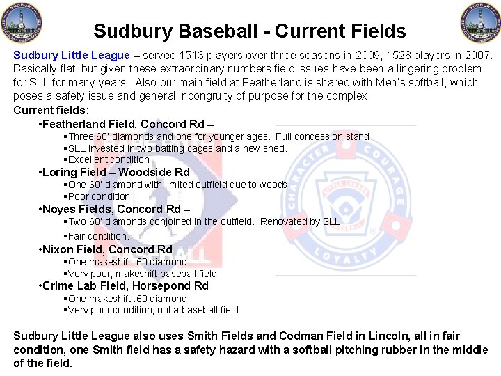Sudbury Baseball - Current Fields Sudbury Little League – served 1513 players over three