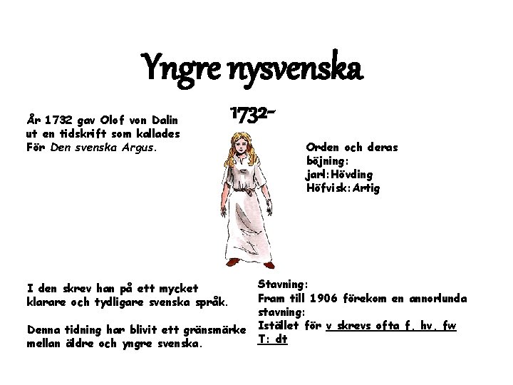 Yngre nysvenska År 1732 gav Olof von Dalin ut en tidskrift som kallades För