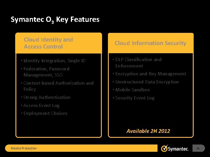Symantec O 3 Key Features Cloud Identity and Access Control • Identity Integration, Single