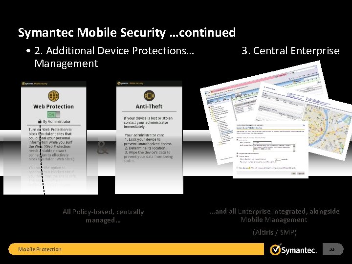 Symantec Mobile Security …continued • 2. Additional Device Protections… Management 3. Central Enterprise &
