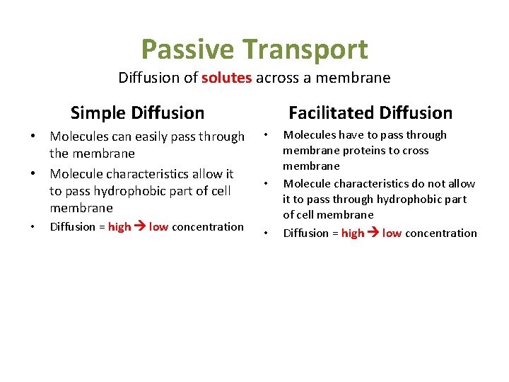 Passive Transport Diffusion of solutes across a membrane Simple Diffusion • Molecules can easily