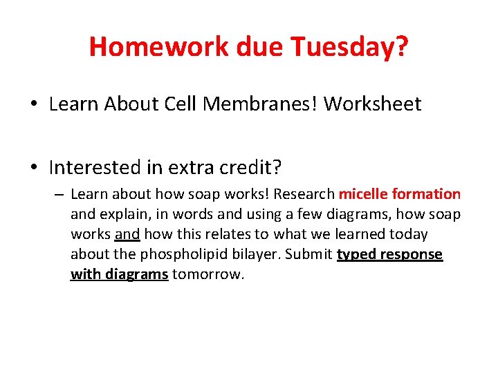 Homework due Tuesday? • Learn About Cell Membranes! Worksheet • Interested in extra credit?