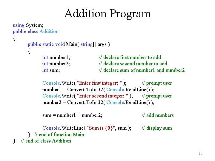 Addition Program using System; public class Addition { public static void Main( string[] args