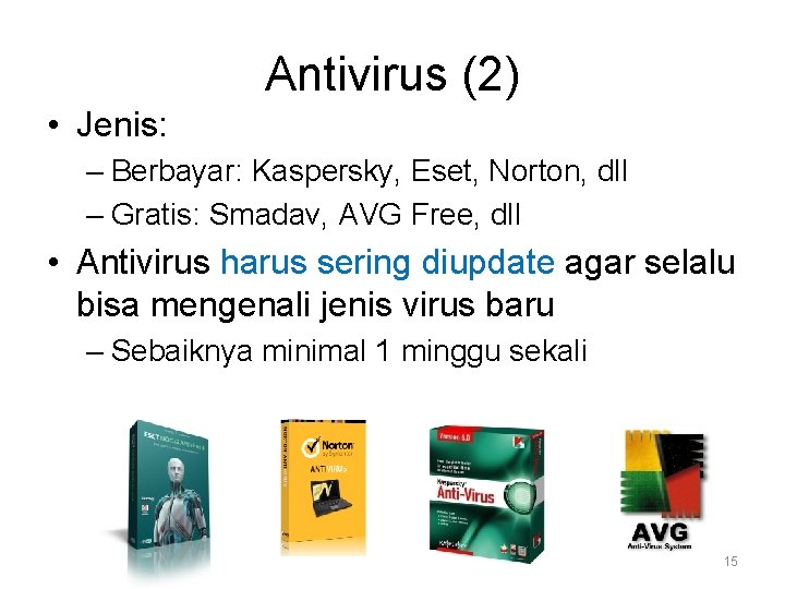 Antivirus (2) • Jenis: – Berbayar: Kaspersky, Eset, Norton, dll – Gratis: Smadav, AVG