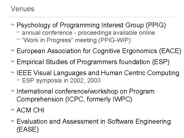 Venues Psychology of Programming Interest Group (PPIG) annual conference - proceedings available online “Work