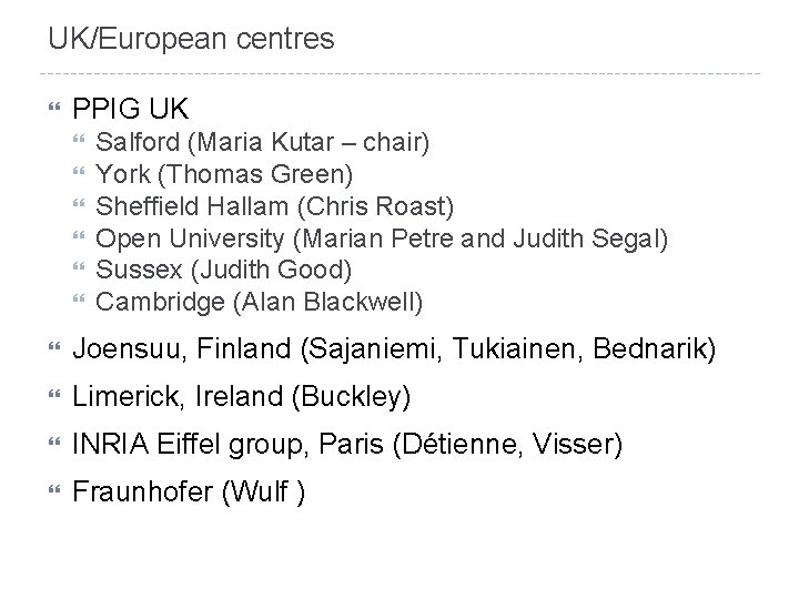 UK/European centres PPIG UK Salford (Maria Kutar – chair) York (Thomas Green) Sheffield Hallam