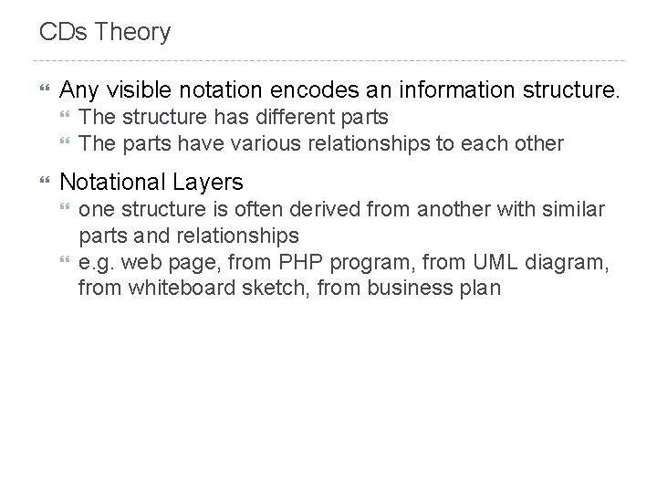 CDs Theory Any visible notation encodes an information structure. The structure has different parts