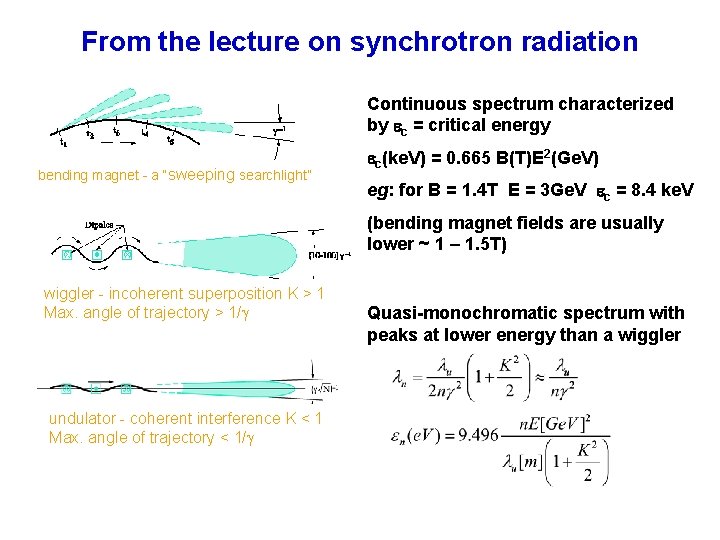 From the lecture on synchrotron radiation Continuous spectrum characterized by ec = critical energy