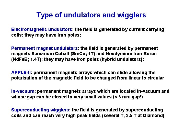 Type of undulators and wigglers Electromagnetic undulators: the field is generated by current carrying