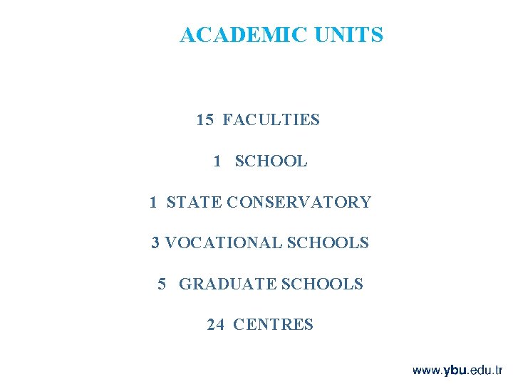 ACADEMIC UNITS 15 FACULTIES 1 SCHOOL 1 STATE CONSERVATORY 3 VOCATIONAL SCHOOLS 5 GRADUATE