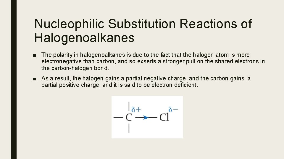 Nucleophilic Substitution Reactions of Halogenoalkanes ■ The polarity in halogenoalkanes is due to the Nucleophilic Substitution Reactions of Halogenoalkanes ■ The polarity in halogenoalkanes is due to the