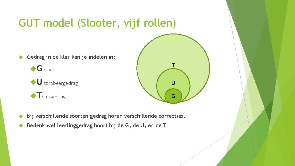 GUT model (Slooter, vijf rollen) Gedrag in de klas kan je indelen in: Gevaar