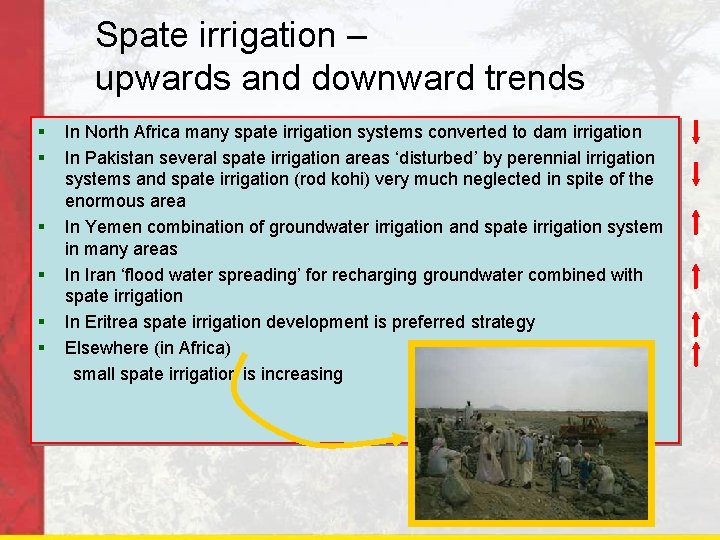 Spate irrigation – upwards and downward trends § § § In North Africa many