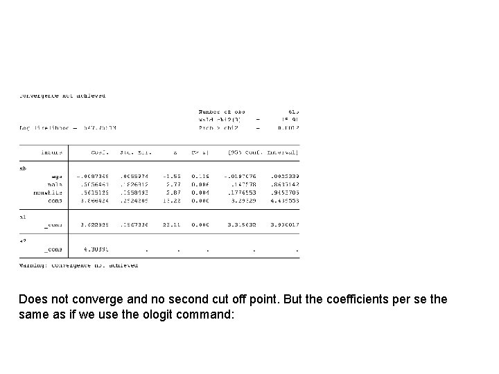 Does not converge and no second cut off point. But the coefficients per se
