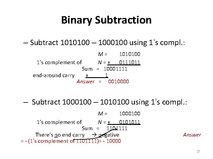 Binary Subtraction – Subtract 1010100 – 1000100 using 1’s compl. : M= 1010100 1’s