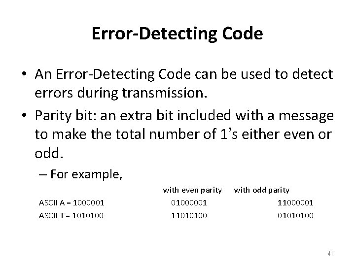 Error-Detecting Code • An Error-Detecting Code can be used to detect errors during transmission.