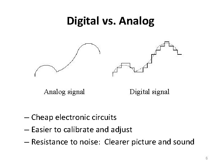 Digital vs. Analog signal Digital signal – Cheap electronic circuits – Easier to calibrate