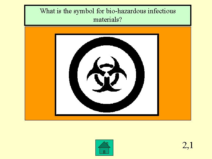 What is the symbol for bio-hazardous infectious materials? 2, 1 What is the symbol for bio-hazardous infectious materials? 2, 1