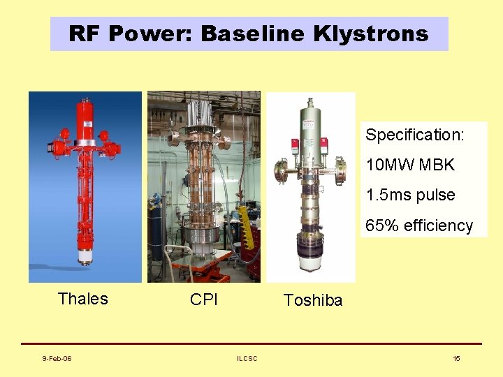 RF Power: Baseline Klystrons Specification: 10 MW MBK 1. 5 ms pulse 65% efficiency