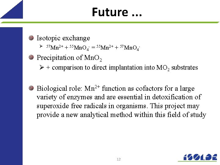 Future. . . Isotopic exchange Ø 57 Mn 2+ + 55 Mn. O 4