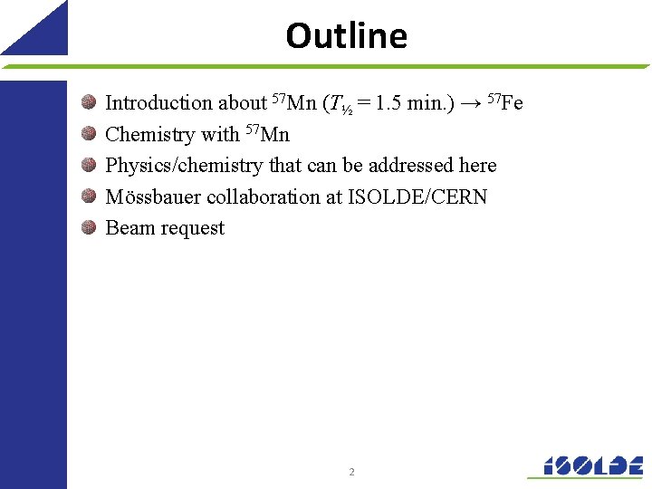 Outline Introduction about 57 Mn (T½ = 1. 5 min. ) → 57 Fe