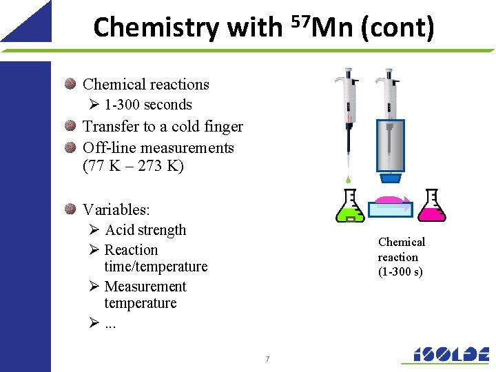Chemistry with 57 Mn (cont) Chemical reactions Ø 1 -300 seconds Transfer to a
