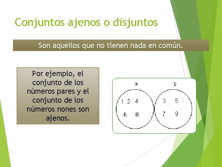 Conjuntos ajenos o disjuntos Son aquellos que no tienen nada en común. Por ejemplo,