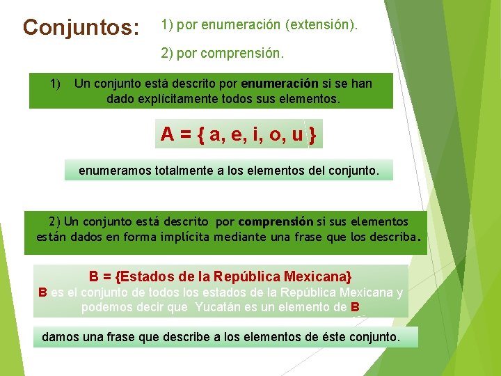 Conjuntos: 1) por enumeración (extensión). 2) por comprensión. 1) Un conjunto está descrito por