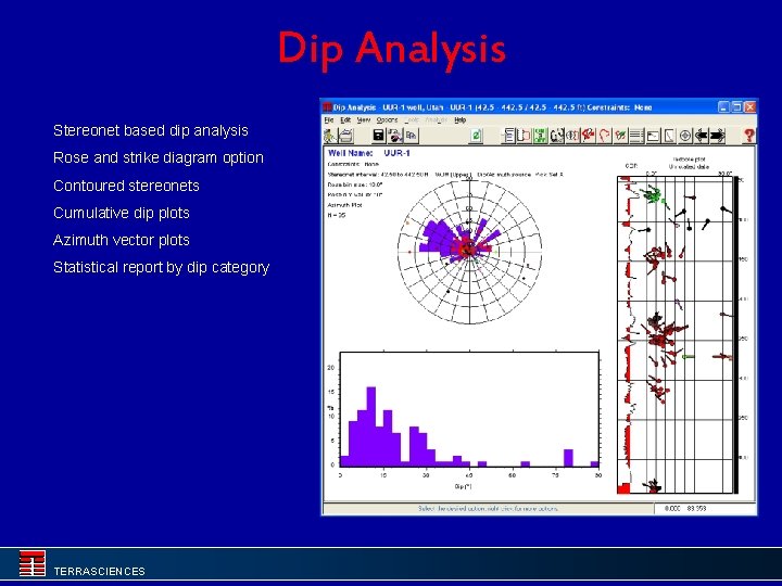 Dip Analysis Stereonet based dip analysis Rose and strike diagram option Contoured stereonets Cumulative