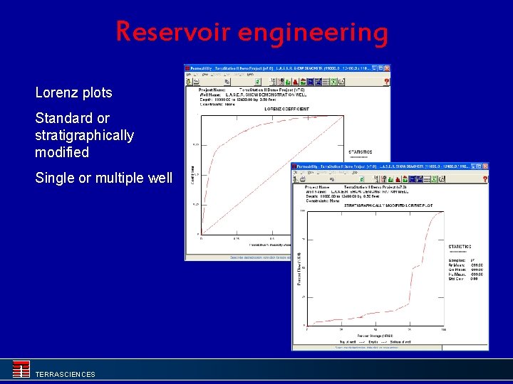 Reservoir engineering Lorenz plots Standard or stratigraphically modified Single or multiple well TERRASCIENCES 