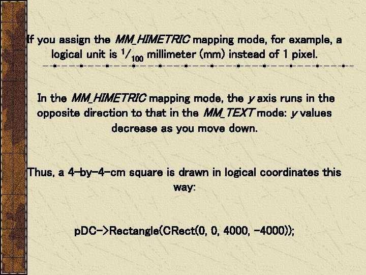 If you assign the MM_HIMETRIC mapping mode, for example, a logical unit is 1/100