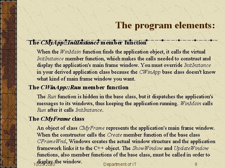 The program elements: The CMy. App: : Init. Instance member function When the Win.