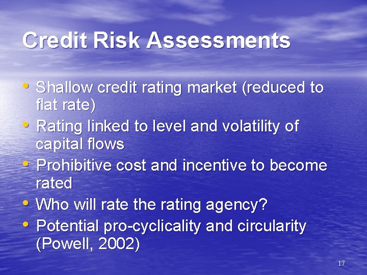 Credit Risk Assessments • Shallow credit rating market (reduced to • • flat rate)