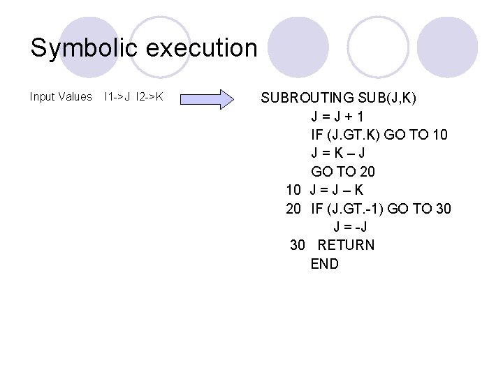 Symbolic execution Input Values I 1 ->J I 2 ->K SUBROUTING SUB(J, K) J=J+1