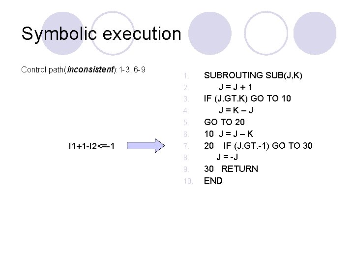 Symbolic execution Control path(inconsistent): 1 -3, 6 -9 1. 2. 3. 4. 5. 6.