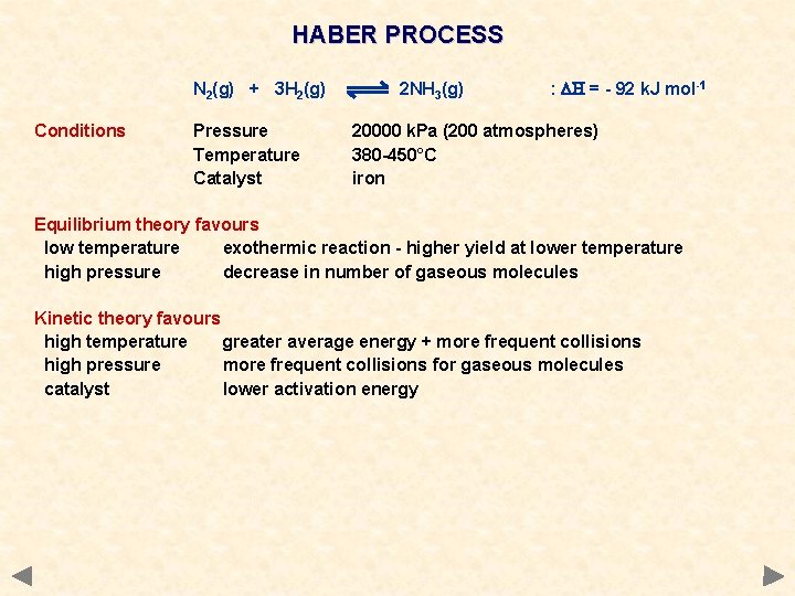 HABER PROCESS N 2(g) + 3 H 2(g) Conditions Pressure Temperature Catalyst 2 NH