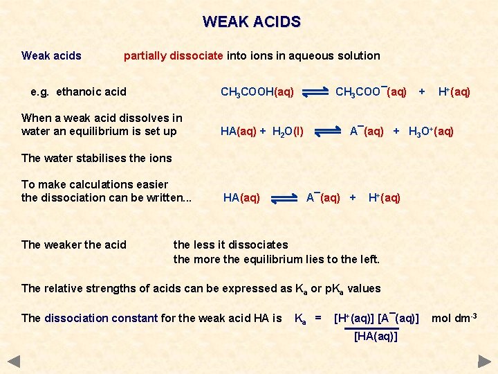 WEAK ACIDS Weak acids partially dissociate into ions in aqueous solution e. g. ethanoic