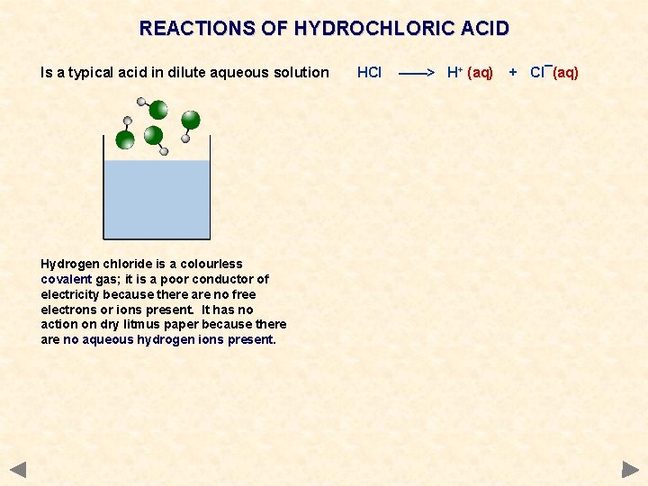 REACTIONS OF HYDROCHLORIC ACID Is a typical acid in dilute aqueous solution Hydrogen chloride