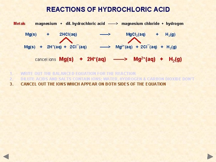 REACTIONS OF HYDROCHLORIC ACID Metals magnesium + dil. hydrochloric acid ——> magnesium chloride +