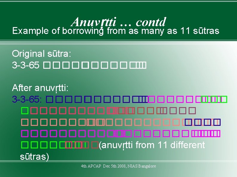Anuvŗtti … contd Example of borrowing from as many as 11 sūtras Original sūtra: