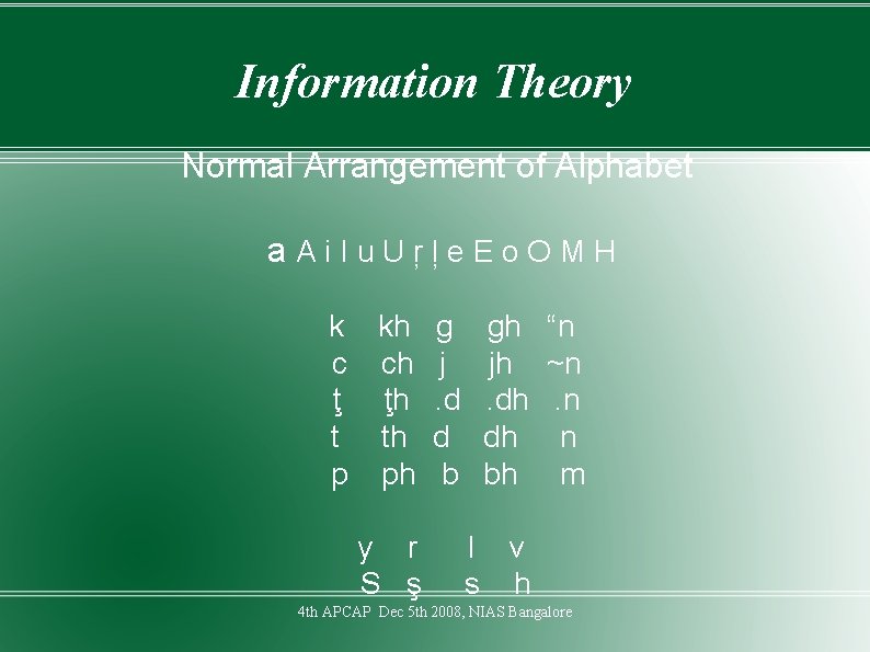 Information Theory Normal Arrangement of Alphabet a. Ai. Iu. Uŗļe. Eo. OMH k c