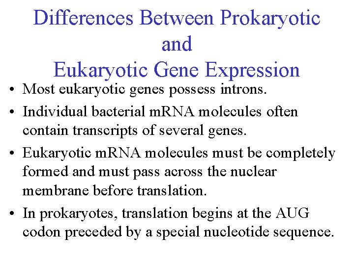 Differences Between Prokaryotic and Eukaryotic Gene Expression • Most eukaryotic genes possess introns. •