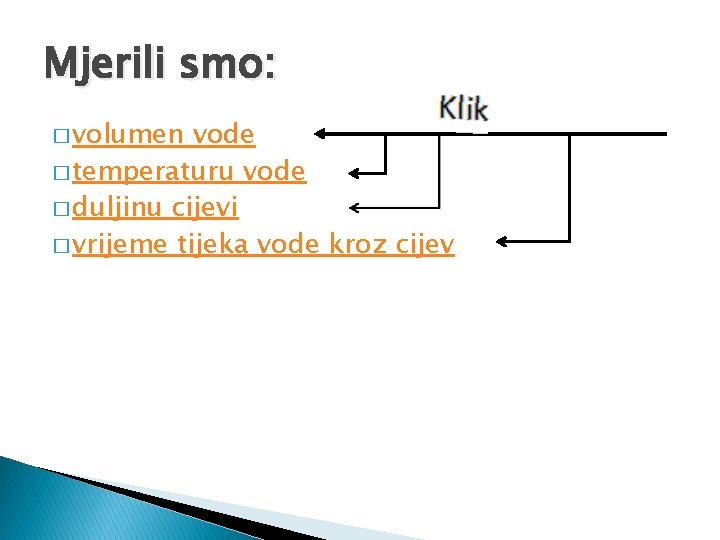 Mjerili smo: � volumen vode � temperaturu vode � duljinu cijevi � vrijeme tijeka