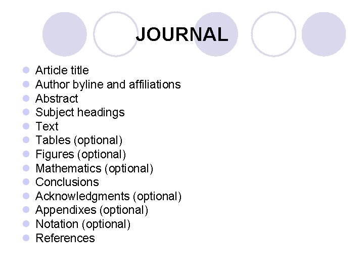 JOURNAL l l l l Article title Author byline and affiliations Abstract Subject headings