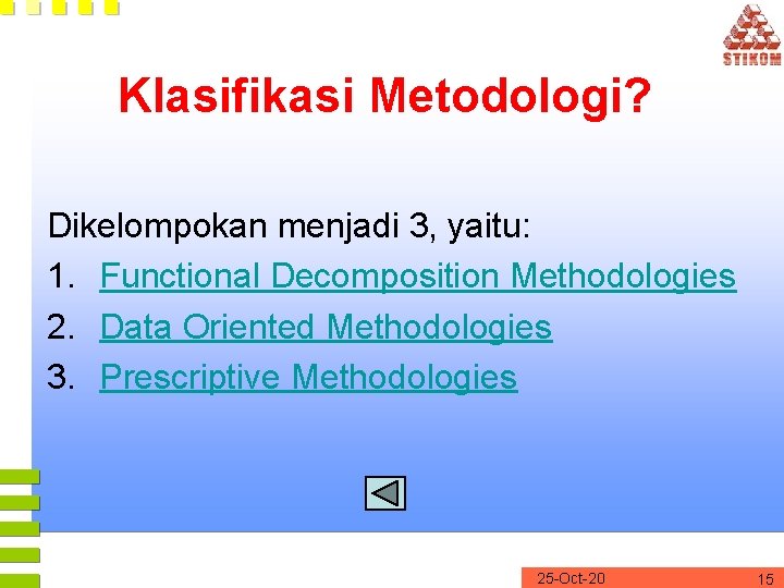 Klasifikasi Metodologi? Dikelompokan menjadi 3, yaitu: 1. Functional Decomposition Methodologies 2. Data Oriented Methodologies