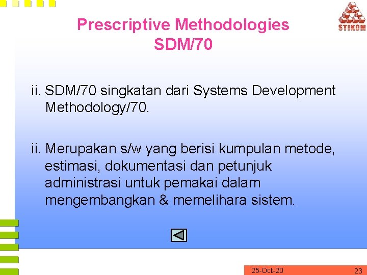 Prescriptive Methodologies SDM/70 ii. SDM/70 singkatan dari Systems Development Methodology/70. ii. Merupakan s/w yang