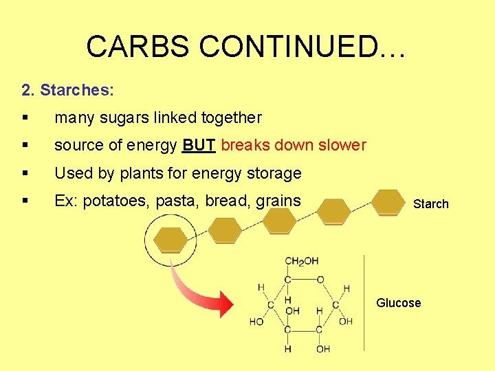 CARBS CONTINUED… 2. Starches: § many sugars linked together § source of energy BUT