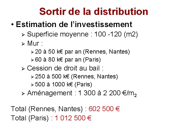 Sortir de la distribution • Estimation de l’investissement Superficie moyenne : 100 -120 (m